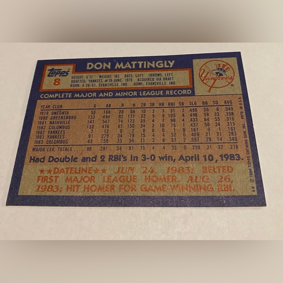 Don Mattingly Rookie Card 1984 Topps Baseball Card - Picture 2 of 3